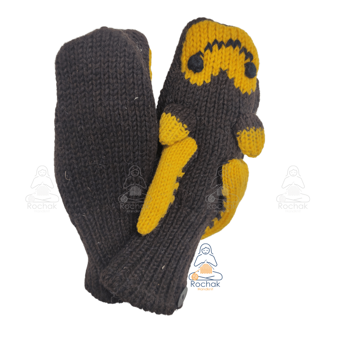 Handgestrickter Fäustling aus gewöhnlicher Wolle mit Tiergesicht